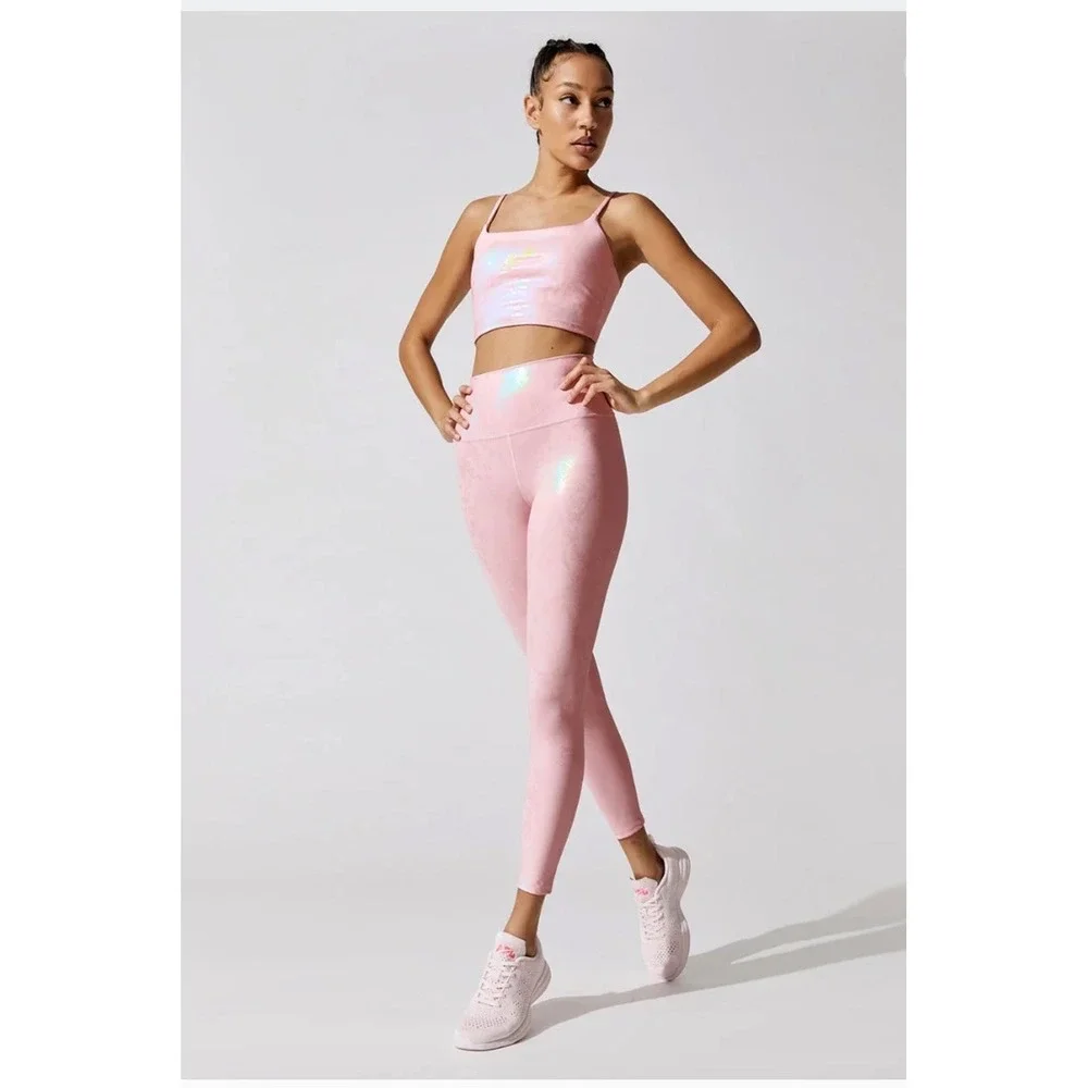 Carbon38 Pink Iridescent Foil High Rise Leggings Womens Medium Athleisure Shiny